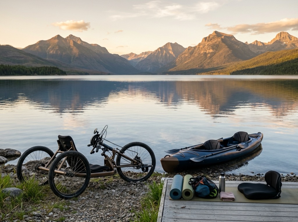 An adaptive handcycle and a kayak beside a mountain lake at golden hour.