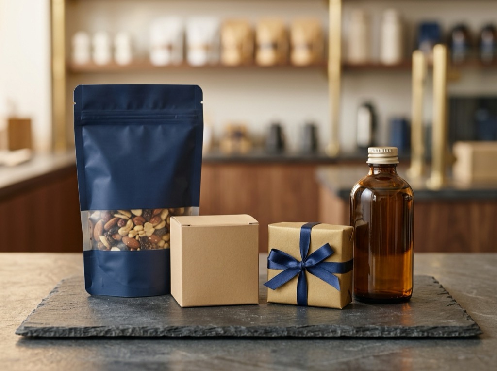 Unbranded convenience, pantry, personal-care, and gift items grouped on a warm slate counter.