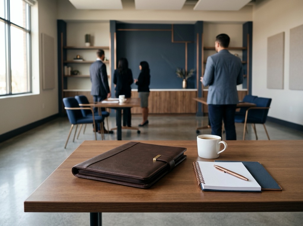 A workforce-readiness workshop desk with a leather portfolio, notebook, pen, and coffee.