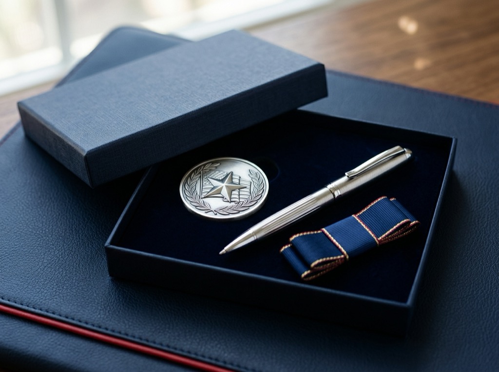 A commemorative coin, presentation pen, and folded navy ribbon in a dark gift box.