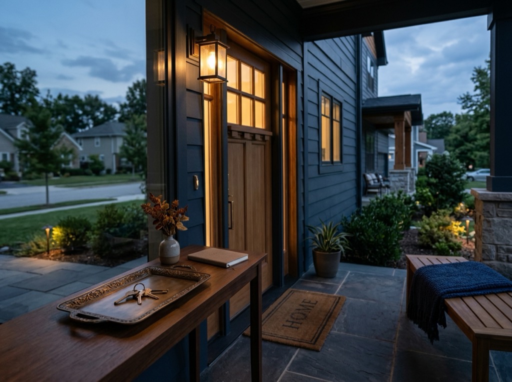 A welcoming home entry at dusk with keys on a tray and warm light through the doorway.