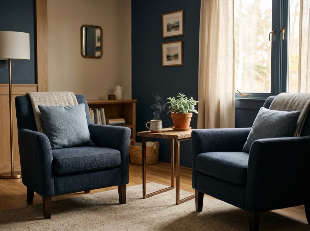 A quiet peer-support room with two navy armchairs, a small table, a mug, and a potted plant.